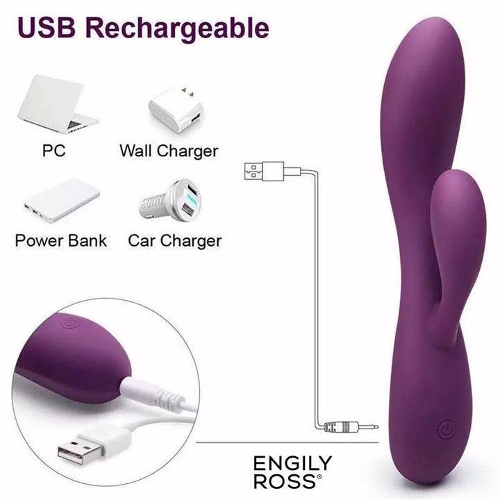 Bacall 20 Vibrador Silicona Liquida Inyectada Doble Motor USB Purpura